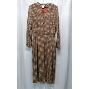 Vtg Talbots Silk Dress 12 Midi Brown White Polka Dot Classic Career 90s Office